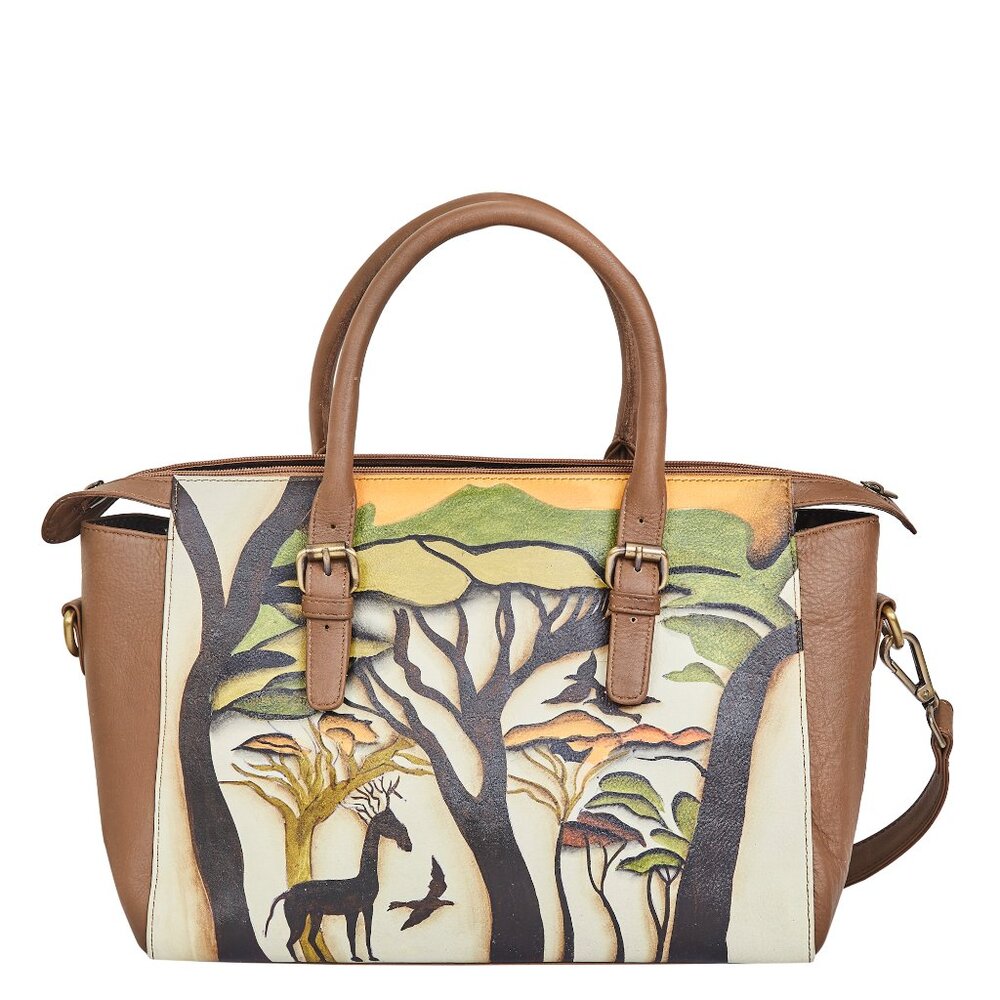 Hand Painted Leather Brown Top Handle Satchel, Shoulder Tote Bag, Crossbody Bag